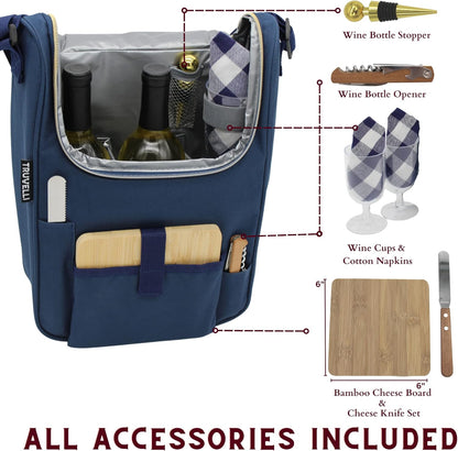 Truvelli Plush Picnic Premium Wine Bag, 7-in-1 Insulated 2 Bottle Wine Carrier Tote, Wine & Cheese Cooler Bag, Great Gifts for Wine Lovers (Deep Blue)