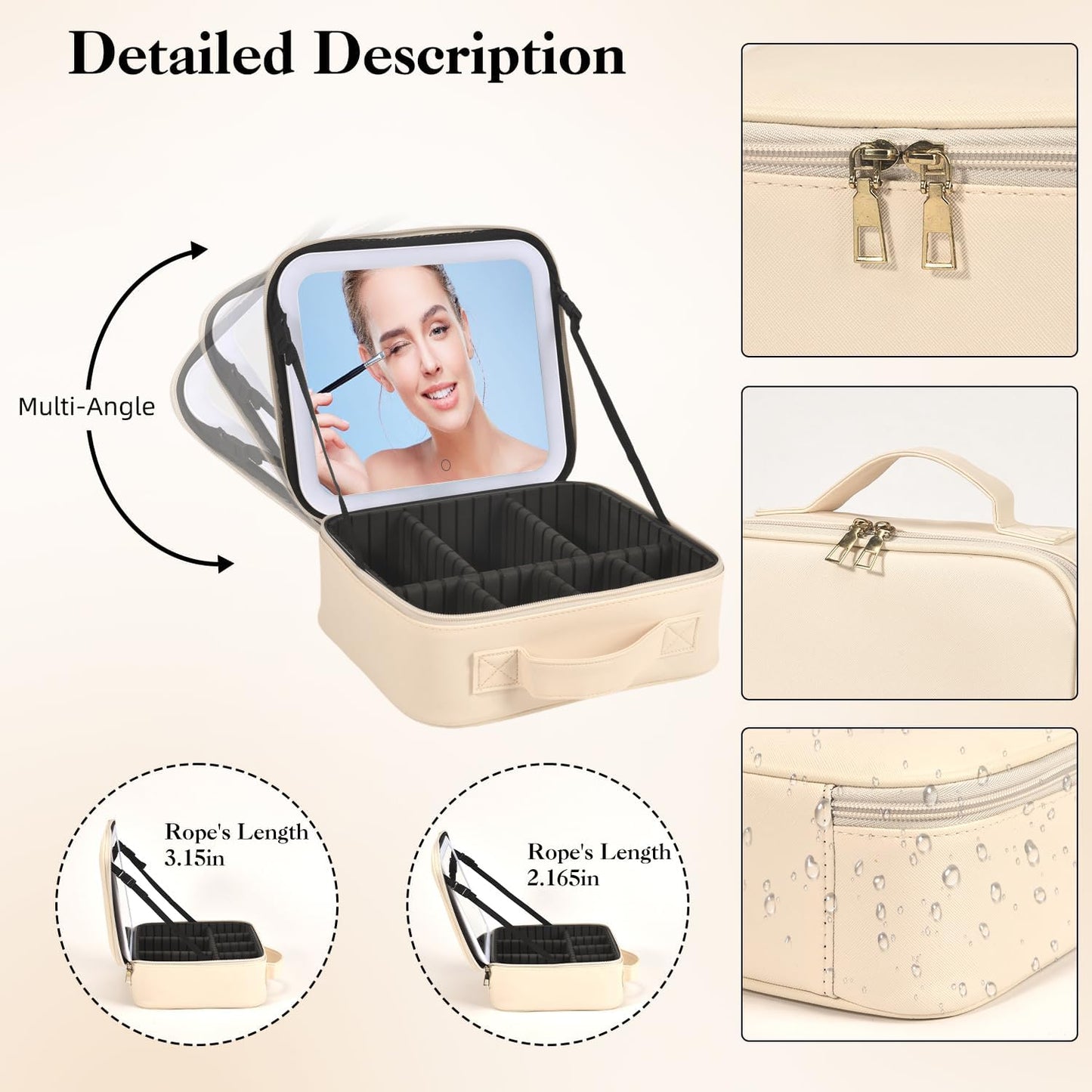 Travel Makeup Bag With LED Mirror,Makeup Travel Train Case with 3 Color Setting,Cosmetic Makeup Organizer Bag with Adjustable Dividers,Portable Make up Bag with Makeup Brush Holder Storage（Beige）