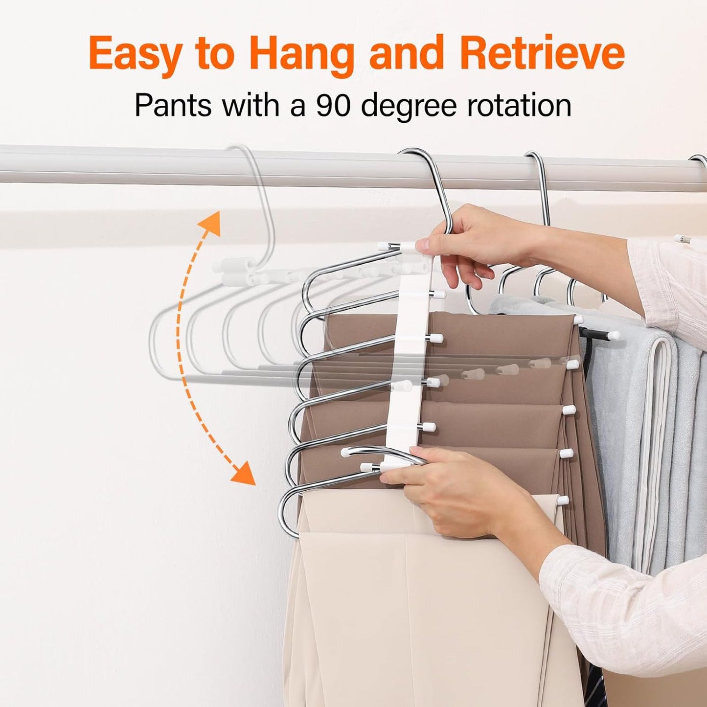 Upgraded Collapsible Pants Hangers Space Saving, 6 Layers Clothes Rack, Stainless Steel Multifunctional Closet Organizer, Non Slip Metal Hangers for Pants Jeans Skirts Trousers (1 Pack)