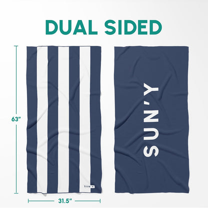 SUN'Y Waffle Microfiber Beach Towel – Sand Free, Quick Dry, Ultra Absorbent, Lightweight & Compact Travel Towel with Carry Bag - Large (63” x 31.5”), Nautical Navy
