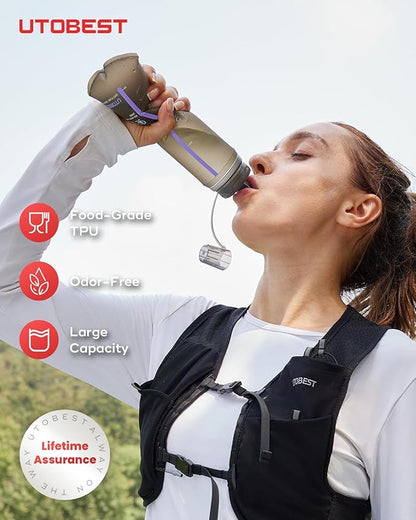 UTOBEST 500ml Soft Flask, 2 Pack Flexible TPU Hydration Water Bottle, Collapsible with 42mm Caliber for Running, Hiking, Cycling, Climbing, and Marathon Purple