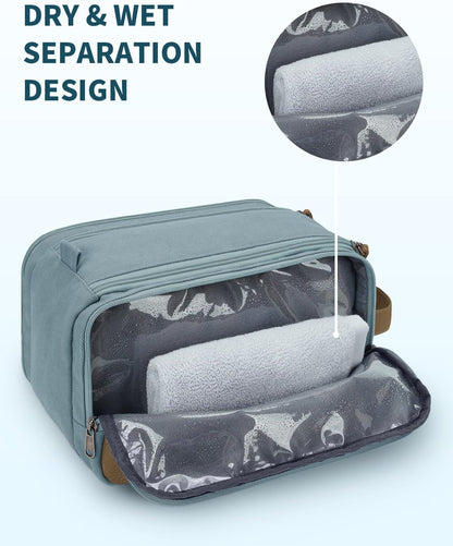 WANDF Toiletry Bag for Men Travel Toiletry Organizer Canvas and Leather Dopp Kit Water-Resistant Shaving Bag for Travel Accessories (Pale Blue, Large)