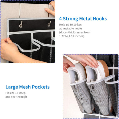 35 Pockets Over the Door Shoe Organizer, Hanging Shoe Organizer for Door with 35 Mesh Pockets Large Capacity Shoe Hanging Storage Bag with 4 Metal Hooks (Black-1Pack)