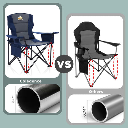 Oversized Folding Camping Chairs - 450 LBS Support Heavy Duty Camp Chair with Padded Cushion, Portable Outside Chairs with Carry Bag，Cooler, Cup Holder for Outdoor, Lawn, Sports - Blue