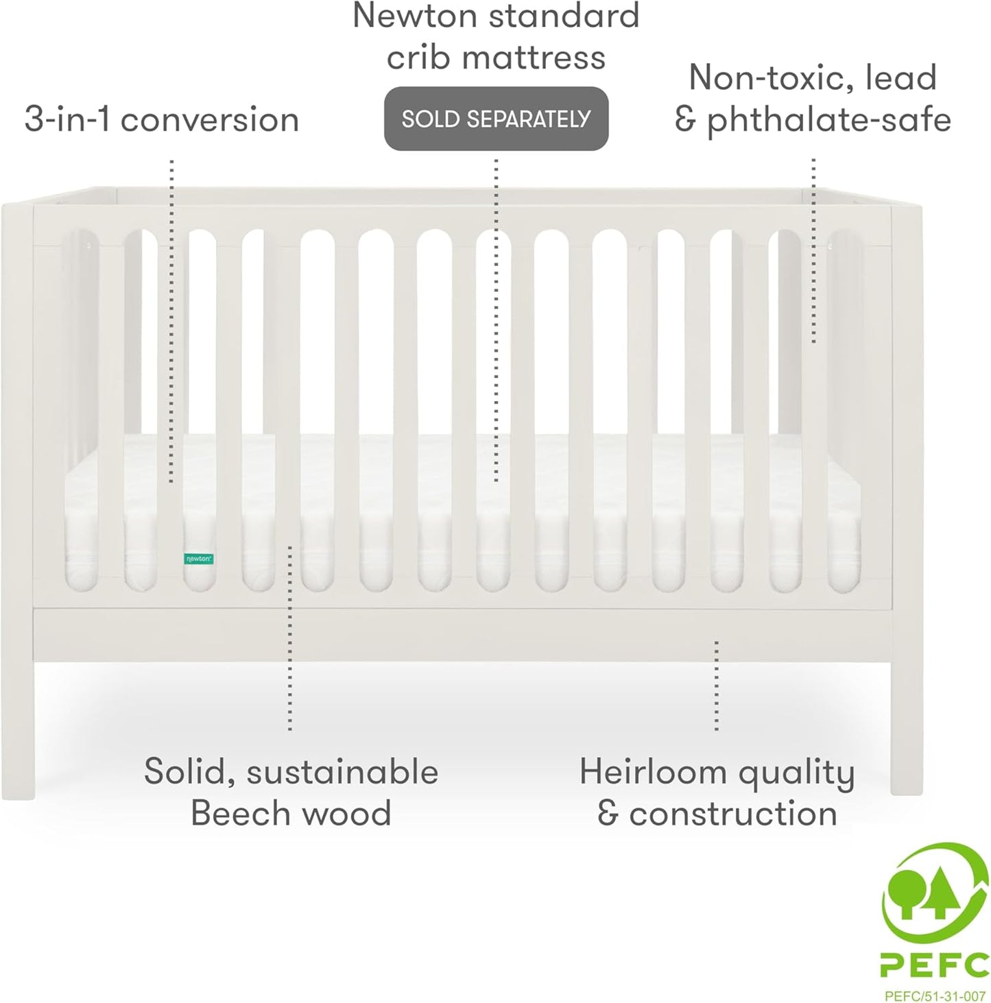 Newton Baby Galileo Standard Crib, Solid Beech Wood in Warm White Color, 3-in-1 Convertible Crib with Toddler Bed Conversion Kit, Ultra-Safe Non-Toxic Finish