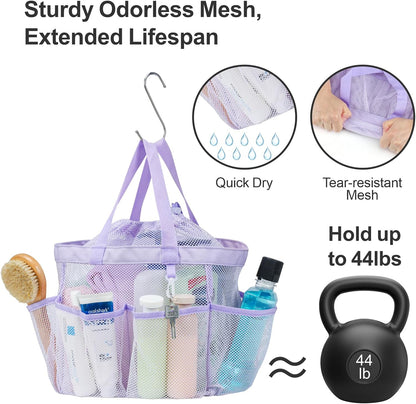 F-color Mesh Shower Caddy Portable with Drawstring - Upgrade Deeper 7 Pockets Dorm Room Essentials for Guys Girls with S Hook, Shower Bag Basket Tote for College Camping Toiletry Bathroom, Purple