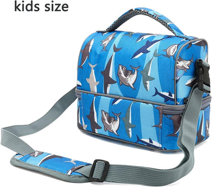 FlowFly Kids Double Decker Cooler Insulated Lunch Bag Large Tote for Boys, Girls, Men, Women, With Adjustable Strap, Shark