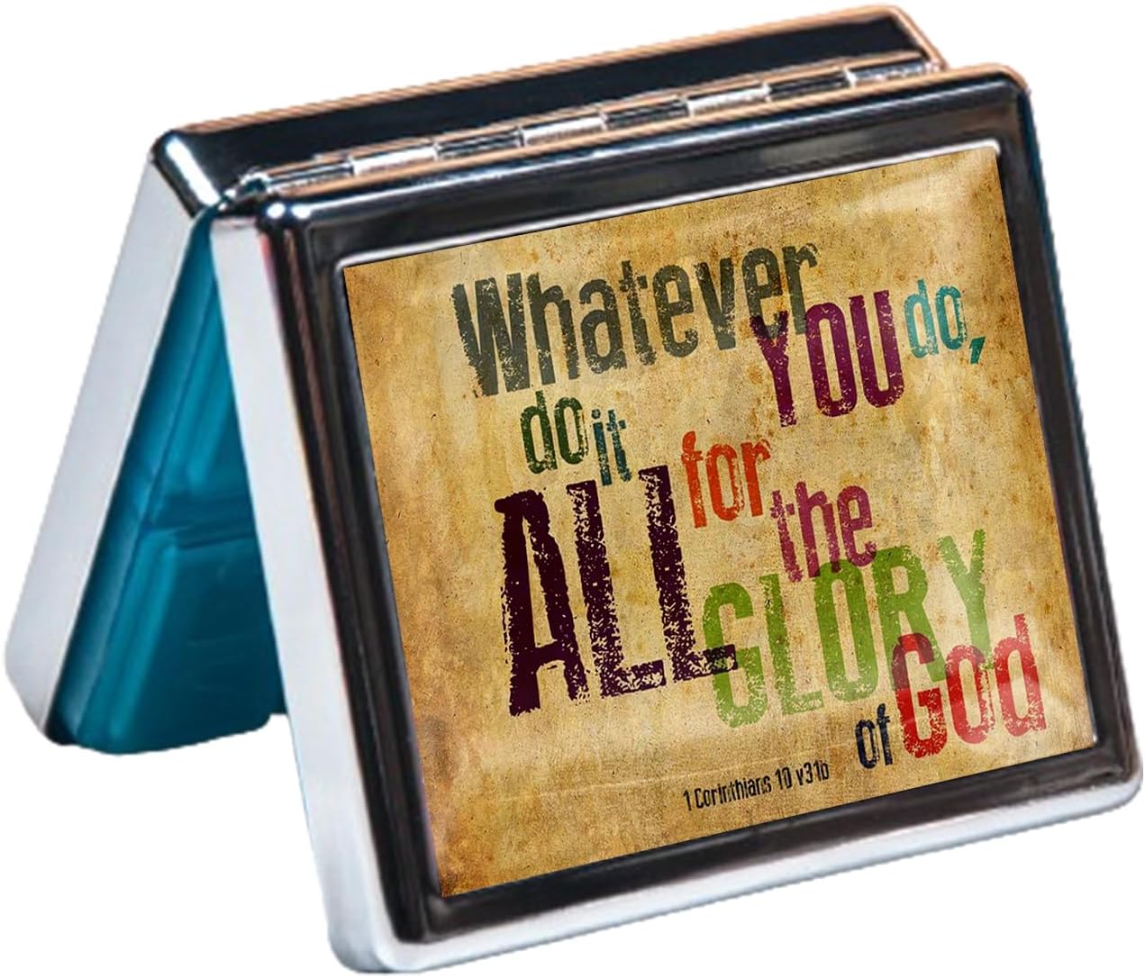 Silver Vintage Pill Box 7 Day Metal Pill Box with Mirror and 8 Compartments Cute Travel Pill Organizer for Purse (Christian Bible Verse)