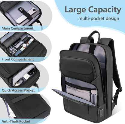 Backpack for Men Slim & Expandable Travel Laptop Backpack with USB Charging Port Water Resistant Anti-Theft Business Backpack Fits 15.6In Laptop for Commute Work College with Small Bag(Business Black)