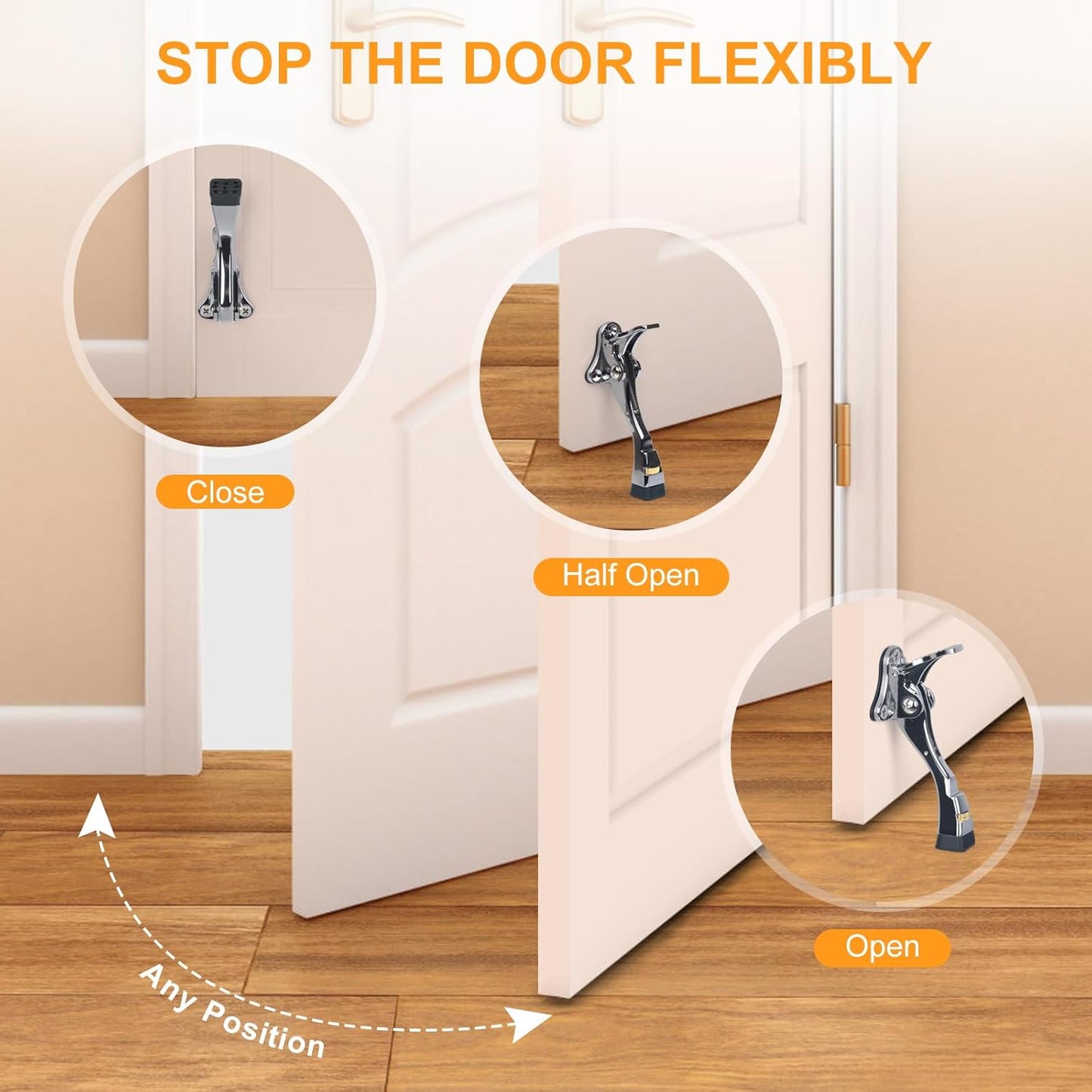 4 Packs Heavy Duty Kickdown Door Stopper, One Touch Adjustable Kickdown Door Stop for Heavy Doors, 4 inch Metal Door Kickstand with Rubber Tip & Wall Protectors for Wide Doors- Sliver