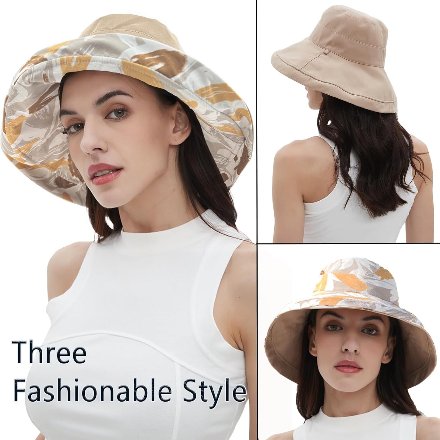 vidsel Womens Sun Hats Wide Brim Reversible Bucket Cotton Hat Packable Summer Travel Cap with Hat Clip,UV Protection