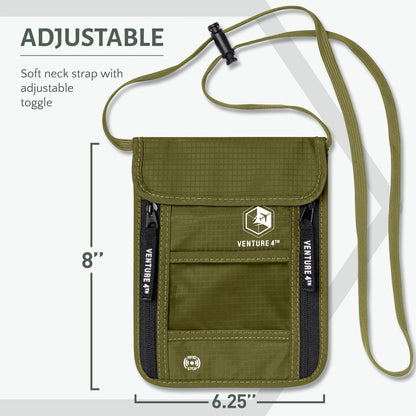 VENTURE 4TH Passport Holder Neck Wallet with RFID Blocking Nylon Lining - Hidden Neck Pouch for Travel (Green)