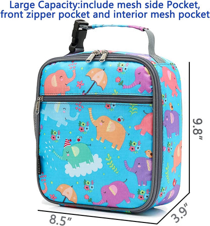 FlowFly Kids Lunch box Insulated Soft Bag Mini Cooler Back to School Thermal Meal Tote Kit for Girls, Boys, Elephant