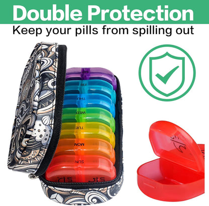Serfeymi Weekly Travel Pill Organizer 2 Times A Day AM PM Upgraded Rainbow Pill Box 7 Day with Portable Zipper PU Leather Pill Case, Medicine Organizer for Pills, Vitamins, Fish Oils - Brown 03