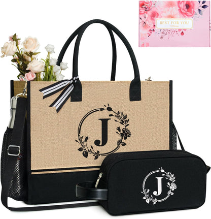TOPDesign Personalized Initial Canvas Tote Bag, for Wedding, Birthday, Beach, Perfect Gifts for Women, Mom, Teachers, Friends