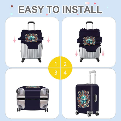 ANNA QUEEN World Landmarks Luggage Cover, Dark Travel-Themed Suitcase Protector with Airplane & Globe Design, Stretchable, Washable Luggage Sleeve for 24-26 Inch Suitcases
