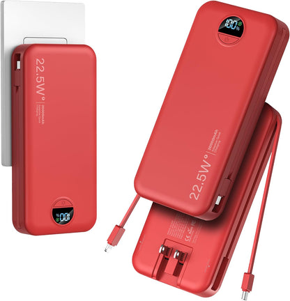 20000mAh Ultra-Portable-Charger-Power-Bank with Built in Cables&AC Wall Plug,PD20W USB-C Fast Charging Cell Phone Charger Battery Pack,LED Display Travel Battery Bank for All iPhone,Samsung,Android