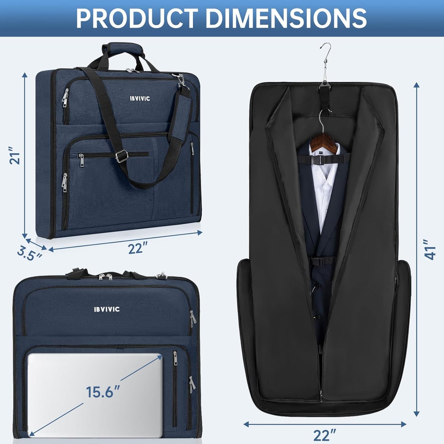 Garment Bags for Travel, 41'' Water-Resistant Carry On Garment Bag for Hanging Clothes, Large Suit Travel Bag Convertible Travel Garment Bag for Shirts, Dresses, Coats (Blue)