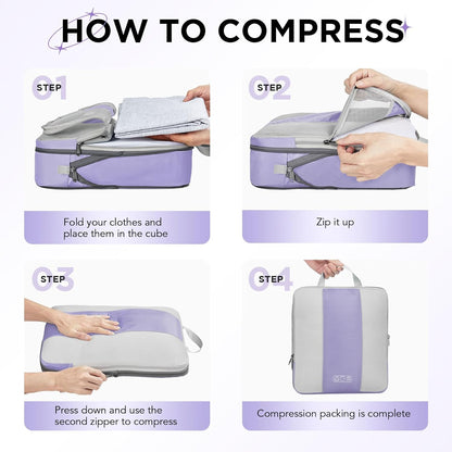 8 Set Compression Packing Cubes for Travel Essentials,Compressible Expandable Packing Cubes for Suitcase,OlarHike Luggage Organizer Bags for Travel,Handy Helper for Organizing Clothes(Purple Gray)