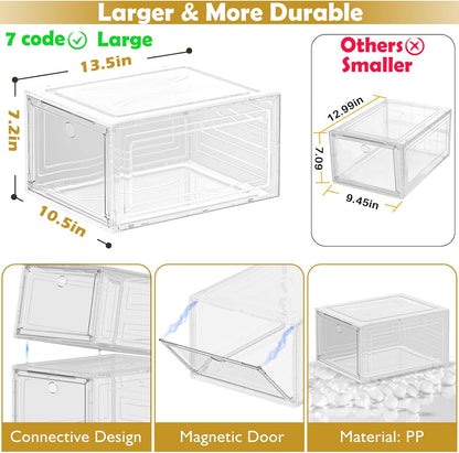 7 code Large Clear Shoe Boxes Organizer【Thicker Material】 Stronger Shoe Box with Magnetic Door, Stackable Shoe Storage Box for Closet, Foldable Space-Saving Storage Bins Shoe Cabinet, White 9 Pack