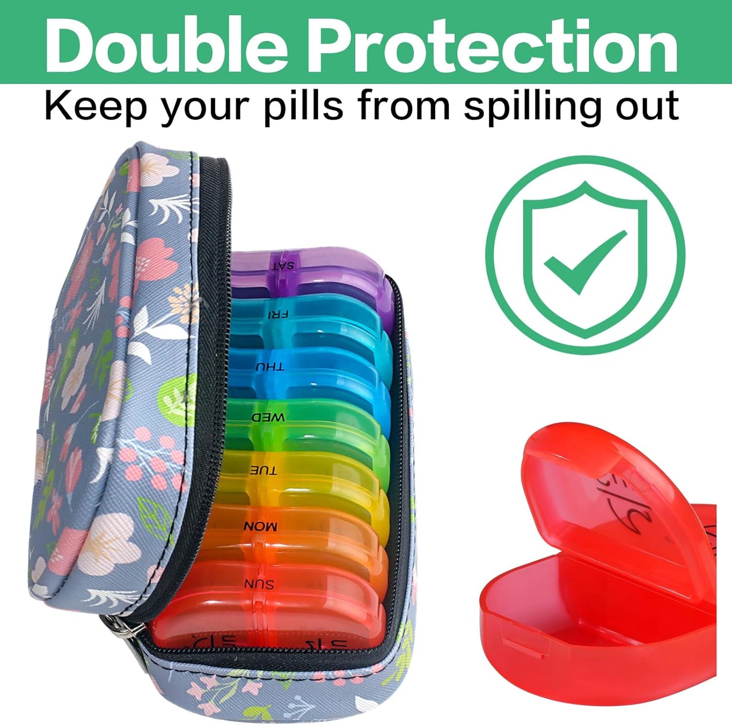 Serfeymi Weekly Travel Pill Organizer 2 Times A Day AM PM Upgraded Rainbow Pill Box 7 Day with Portable Zipper PU Leather Pill Case, Medicine Organizer for Pills, Vitamins, Fish Oils - Floral 02