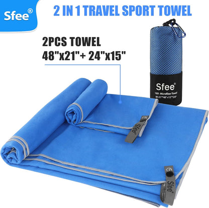Sfee 2 Pack Microfiber Travel Towel, Quick Dry Camping Towel Super Absorbent Compact Lightweight Sports Towel Swim Gym Towels Set for Gym, Hiking, Pool, Backpacking, Bath, Yoga