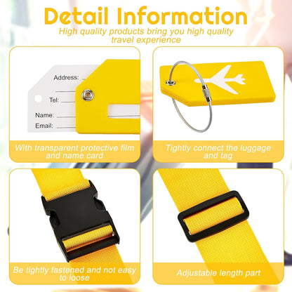 Weewooday 8 Pcs Luggage Straps Suitcase Tags Set for TSA Approved, 4 Travel Adjustable Suitcase Belt, 4 Silicone Luggage Tags with Name ID Card Travel Accessories(Yellow,Airplane)
