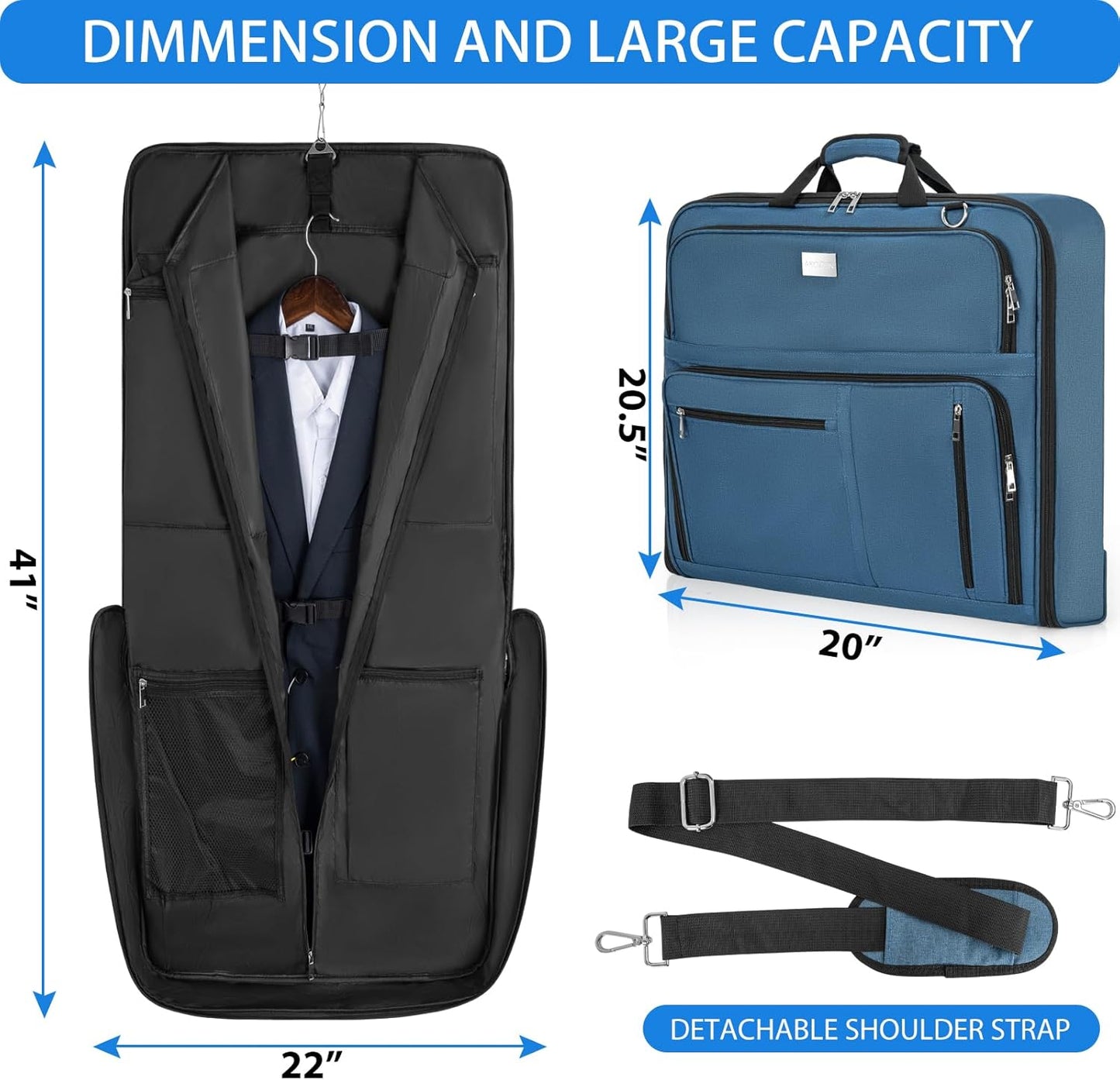 AKOZLIN Travel Luggage Garment Bag Foldable Hanging Suit Bag with Shoulder Strap For Men Women Business Blue