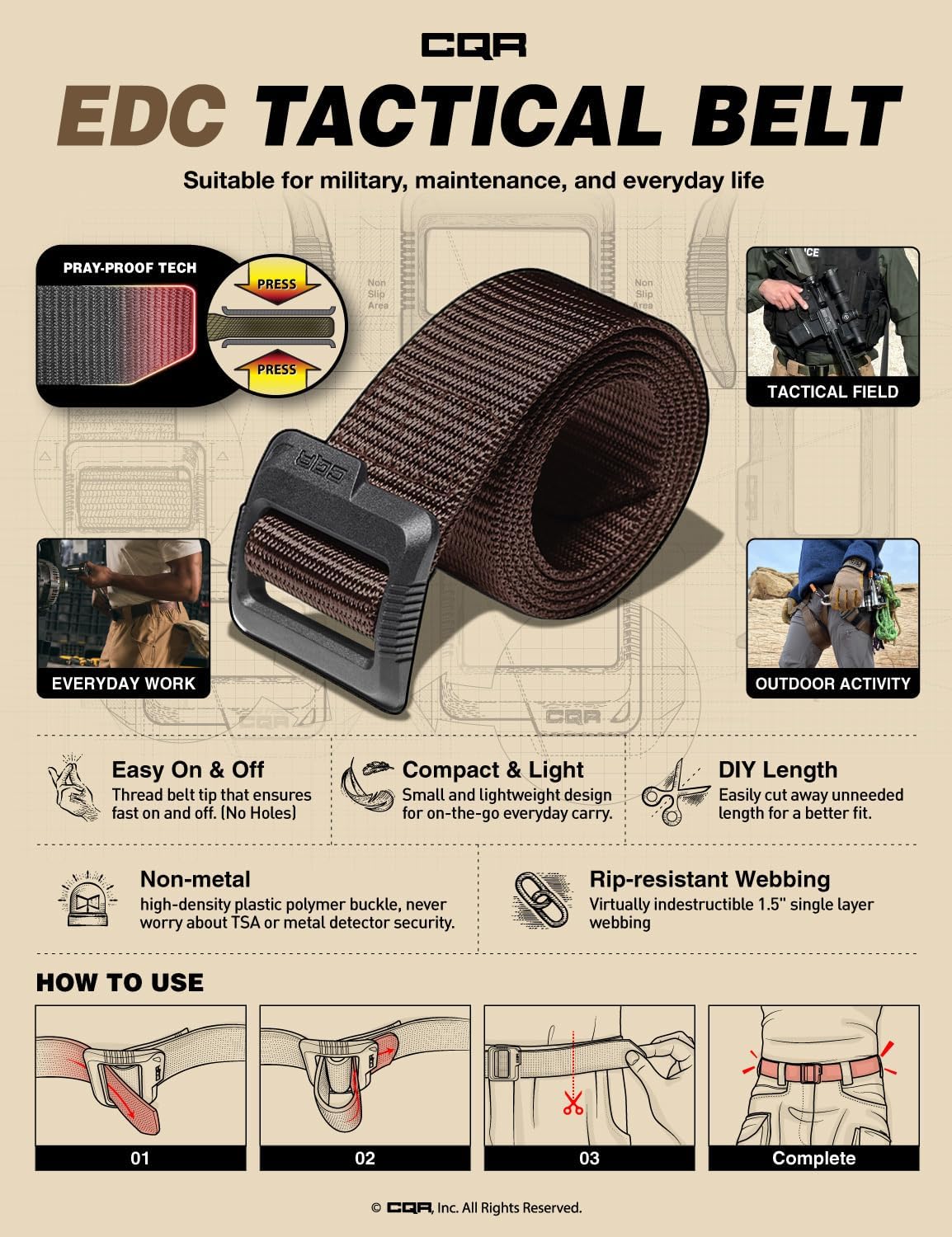 CQR Tactical Belt, Military Style Heavy Duty Belt, Webbing EDC Quick-Release Buckle