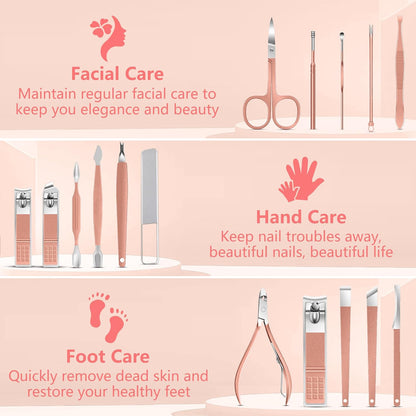Manicure Set 16Pcs Professional Stainless Steel Pedicure Kit Mens Grooming Kit Fingernail & Toenail Clippers Set Manicure Kit with Luxurious Travel Bag, Sharp Nail Scissors and Clipper (Pink)