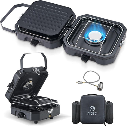 Nice C Camping Stove, Camping Stove Propane, 2 Burner Propane Camping Stove with Grill, Camp Stove, Portable Stove, 16,000 BTU Camp Stove with 2 Burner, Grill & Carry Bag for Camping