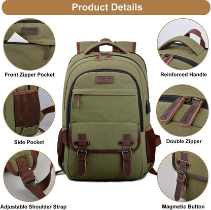 Mactso Canvas Travel Laptop Backpack for Men Women, Business Work Rucksack College Computer Bag Fits 17.3 Inch Notebook,Bookbag with USB Charging Port (Green, 17.3 Inch)