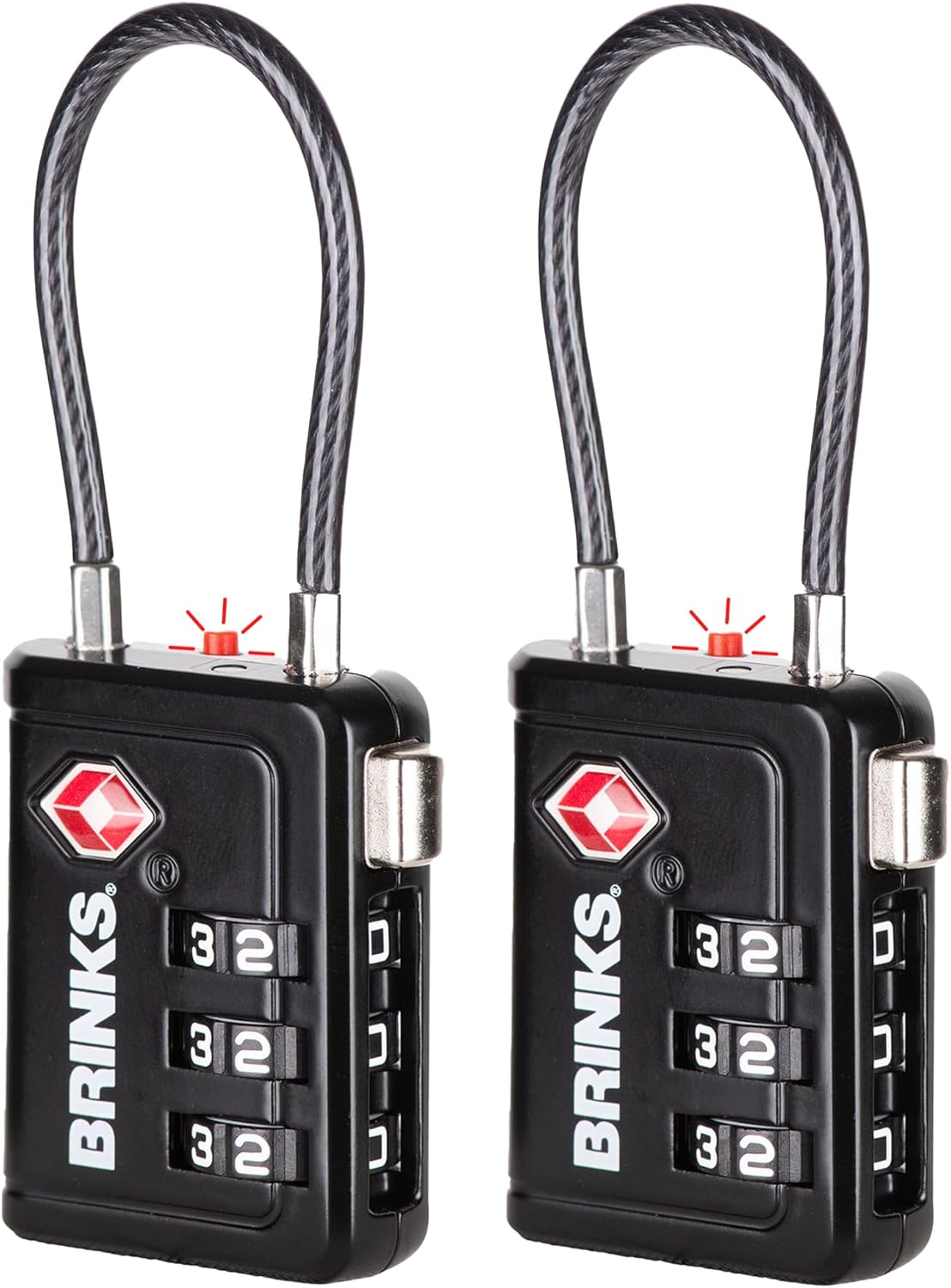 Brinks TSA Accepted Indicator Luggage Lock, Black - Resettable 3-Dial Combination, 1.5 inch Long Cable Shackle, New More Secure TSA008 Key, 2 Pack