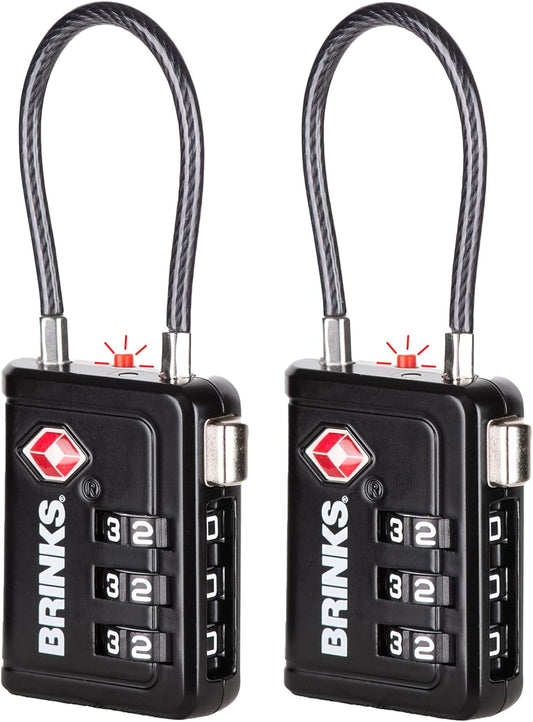 Brinks TSA Accepted Indicator Luggage Lock, Black - Resettable 3-Dial Combination, 1.5 inch Long Cable Shackle, New More Secure TSA008 Key, 2 Pack