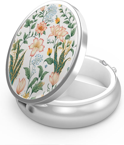 Pill Box 3 Compartment Medicine Pill Case,Portable for Pocket or Purse Pill Box Decorative Metal Medicine Vitamin Organizer Unique Gift(Floral Flower)