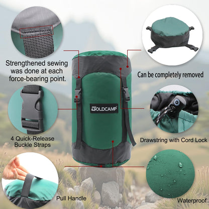 GoldCamp compression stuff sack for Ultralight sleeping bag, space saving gear with dust flap,18L/30L/43L/49L/65L Compression Stuff Sack, Waterproof, Camping, Travel, Outdoor, Backpacking(Green, M)