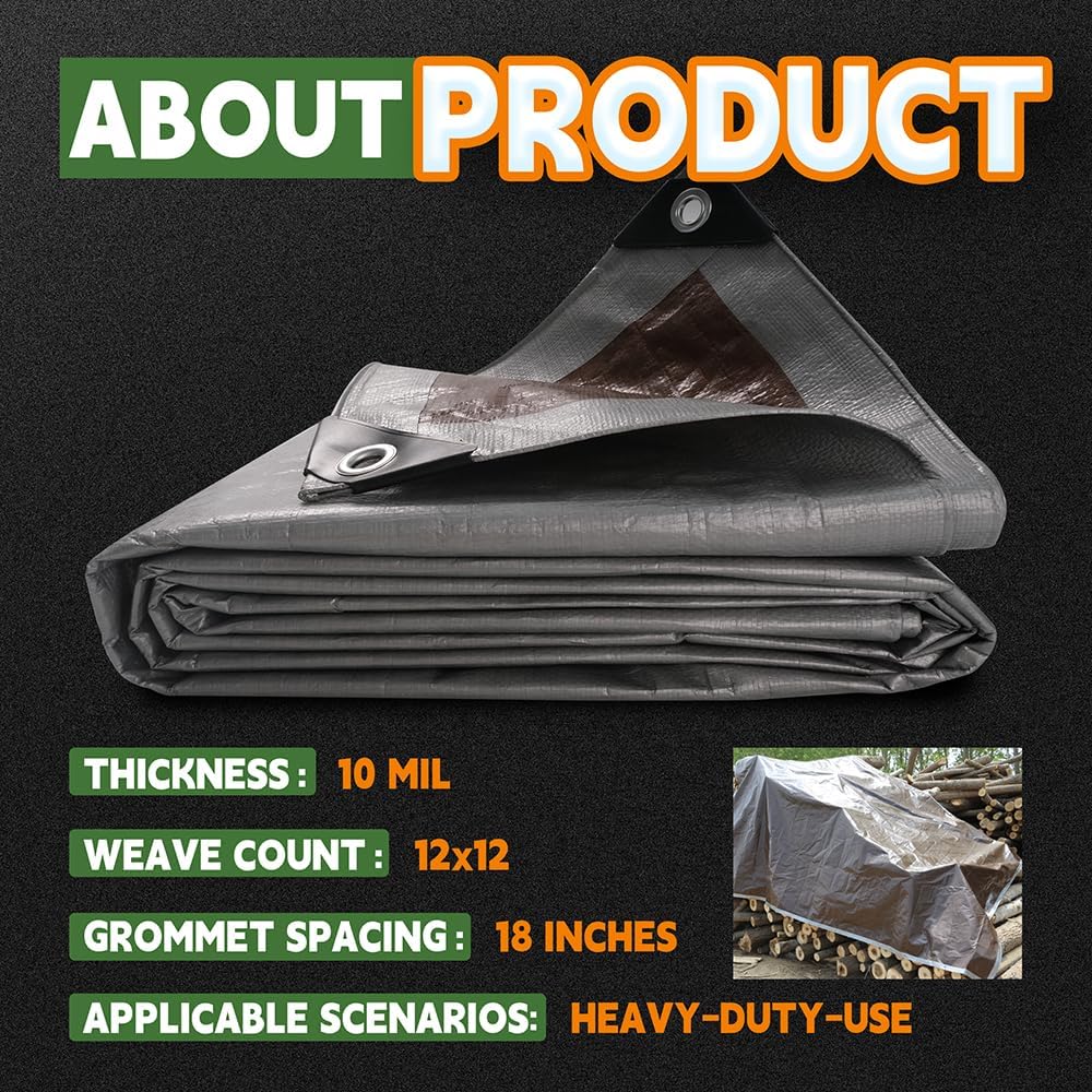 RAINDEWAY Tarps Heavy Duty Waterproof 10x10 Feet, 10Mil Multipurpose Poly Tarp Cover with Metal Grommets and Reinforced Edges, Silver/Brown Tarp