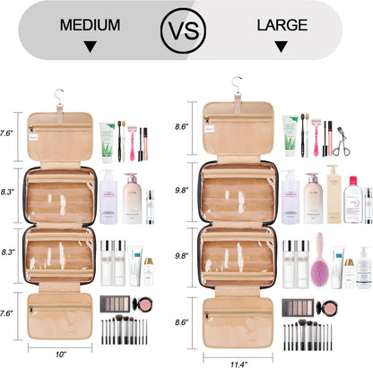 Travel Hanging Toiletry Bag for Women, with Jewelry Organizer Compartment, Medium Waterproof Hanging Makeup Accessories, Cosmetic Essentials, Toiletries Dopp Kit Set with Trolley Belt, Black