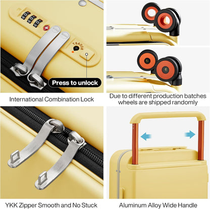 mixi Checked Luggage Wide Handle Luxury Design Rolling Travel Suitcase PC Hardside with Aluminum Frame Hollow Spinner Wheels, with Cover, 24 inch, Lark Yellow
