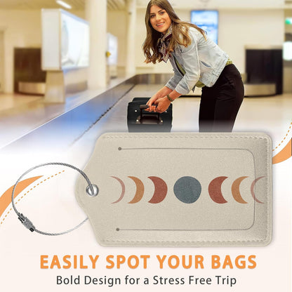 Minimalist Sunset PU Leather Luggage Tags for Suitcase, Modern Moon Travel Cruise 3 Pack with Privacy Flap, Name ID Label and Metal Loop for Women Men Girls Baggage Bag Backpack