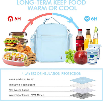 NOL Nylon Waterproof Kids Lunch Bag, Insulated Lunch Bag, Lunch box Cooler, Reusable, Zip Closure with Buckle Handle Holds Lunch Box, Snacks & Water Bottle for School Work, Light blue
