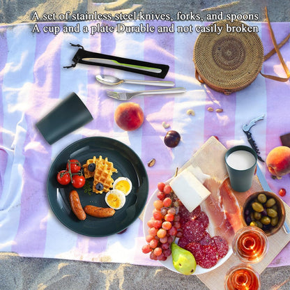 Evanda Camping Cutlery Set, Reusable Light Weight Mug, Plate and Stainless Steel Cutlery Set with Black Bag, Dishwasher Safe