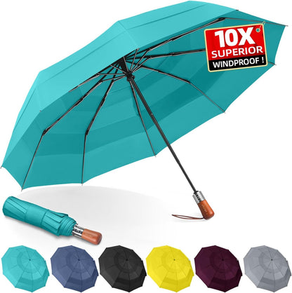 3T Wind Armor Travel Umbrella Compact Easy Auto Open Close Folding Umbrellas for Rain Windproof Umbrella for Women and Men Durable Real Wood Handle Portable Fits Backpack Car