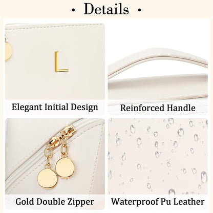 Birthday Gifts for Women Teen Girl, Personalized Initial Makeup Organizer Bag Set, Open Flat Travel Cosmetic Bag With Clear Divider and Handle(Beige,L)