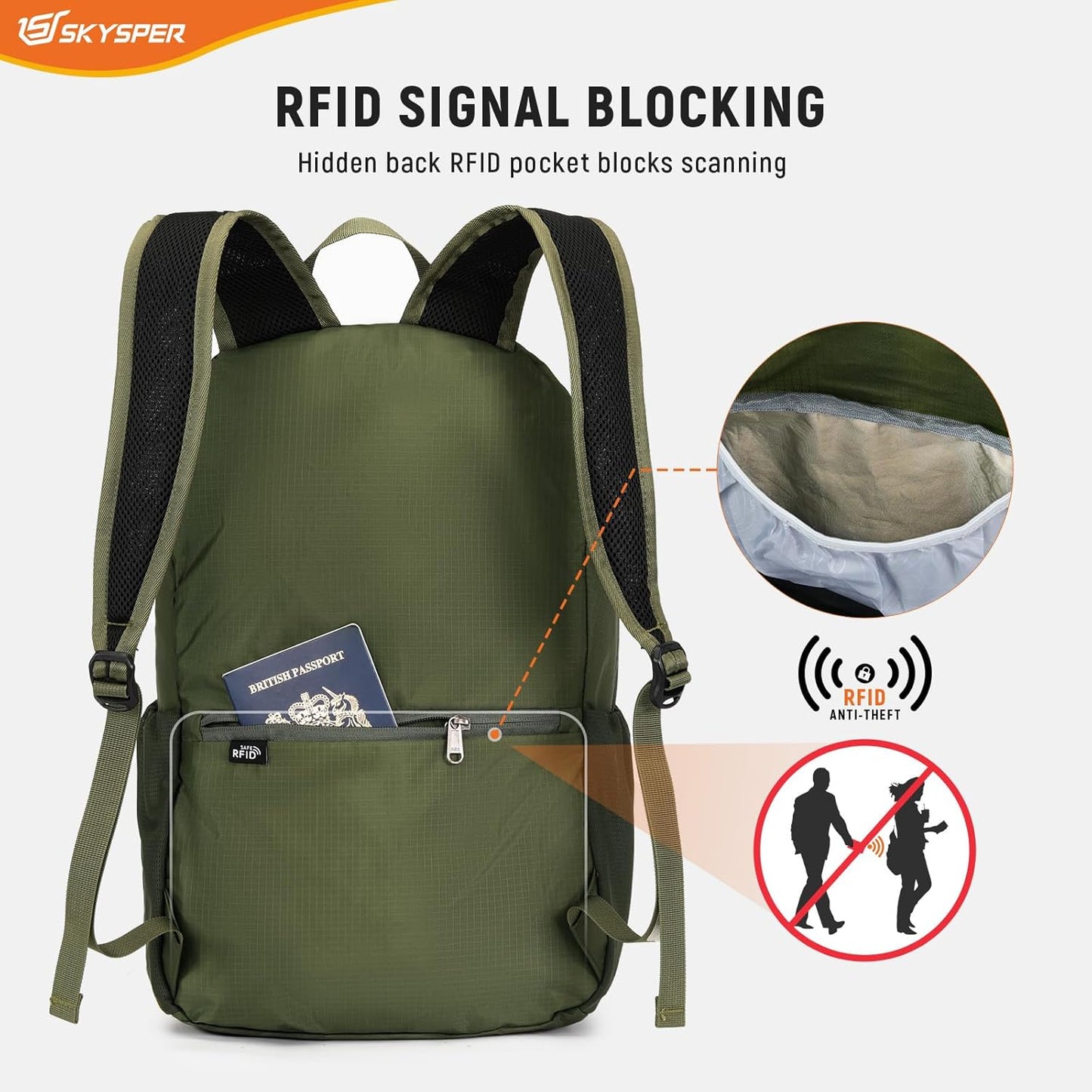 SKYSPER Small Hiking Backpack for Men Women 20L RFID Packable Daypack Ultralight Foldable Back Pack Lightweight Collapsible Travel Day Pack
