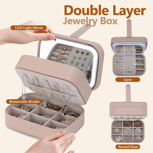 Travel Jewelry Case with LED Lighted Mirror, Personalized Birthday Gifts for Women Girls Kids, 2-Layer Portable Travel Jewelry Organizer, Travel Essentials (Autumn Apricot)