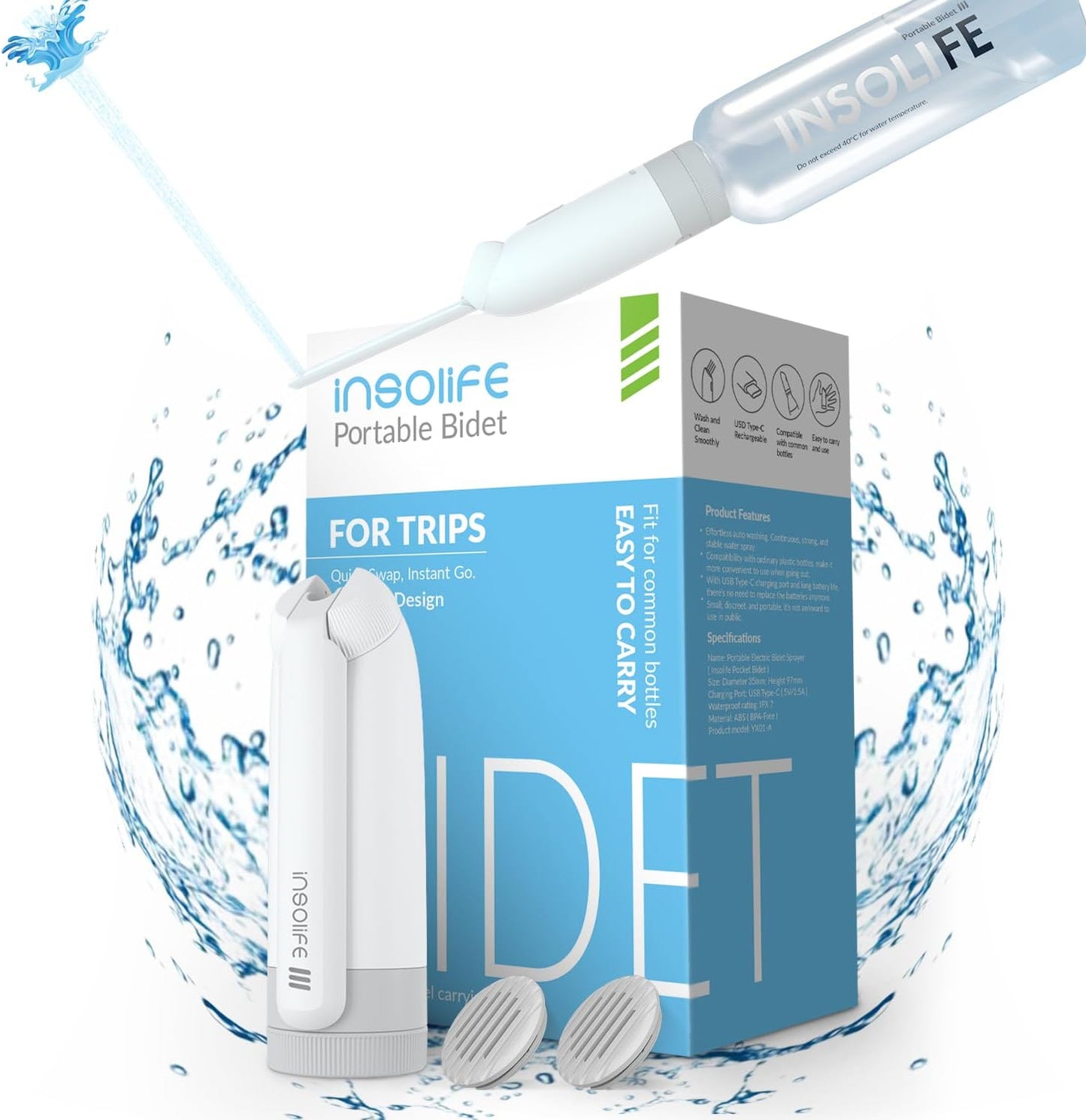 Portable Bidet | High Pressure | Travel Bidets with 2 Different Nozzle | Rechargeable Electric Portable Bidet for Men & Women | Portable Bidets for Travel