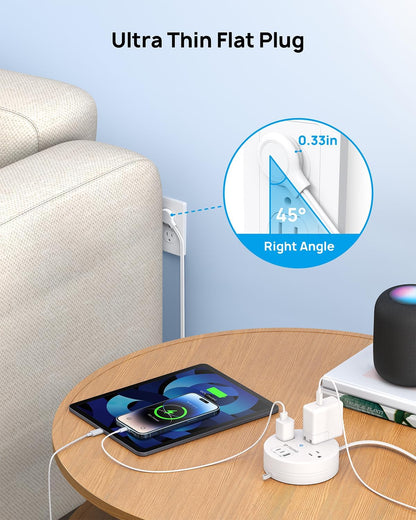 TROND 20W USB C Travel Power Strip - Retractable Extension Cord 5ft Ultra Thin Flat Plug, Power Strip with 3 AC Outlets and USB C Fast Charging, Cruise Ship Essentials, for Home Hotel Dorm Room, White