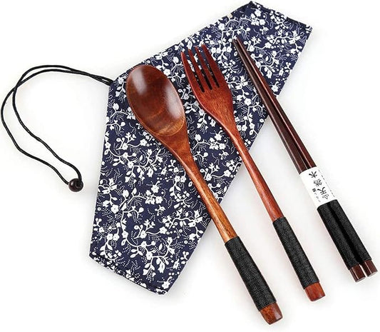 Wooden Chopsticks Spoon Fork Set Japanese Style Tableware Travel Utensils with Pouch for Camping,Picnic,Office or Home (Style A)
