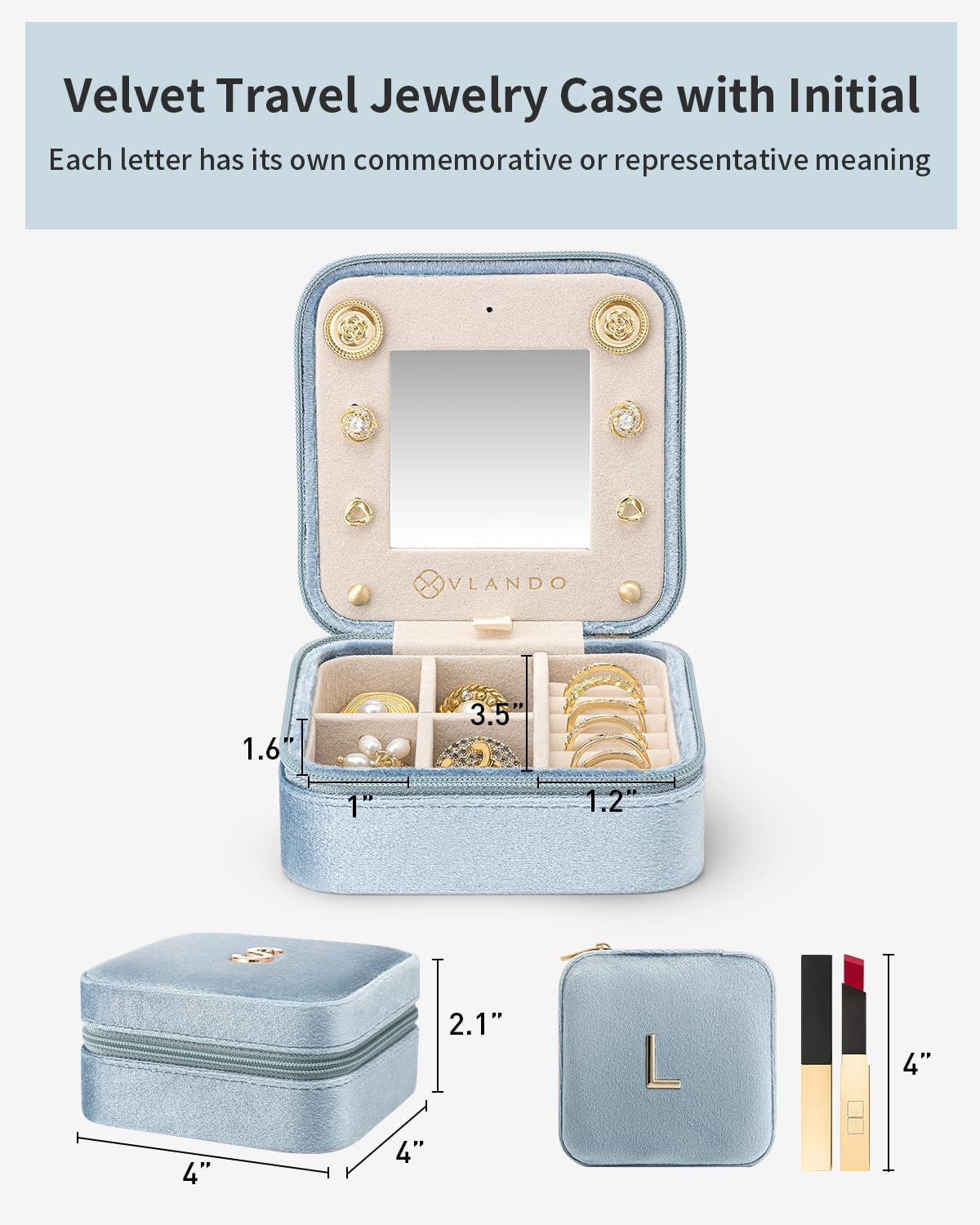 Vlando Travel Jewelry Case for Women Girls, L Initial Travel Jewelry Case, Personalized Mini Jewelry Box, Birthday Gifts for Women Mom Grandma - Letter L, Blue